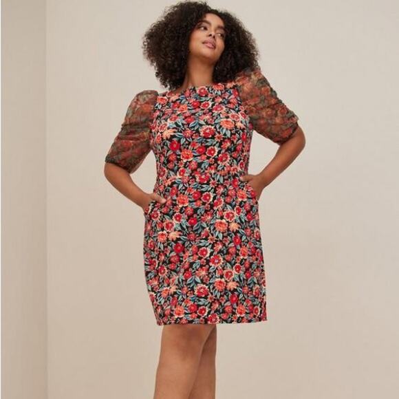 NWT Torrid Mini Scuba Crepe And Organza High Neck Puff Sleeve Dress - Picture 1 of 11